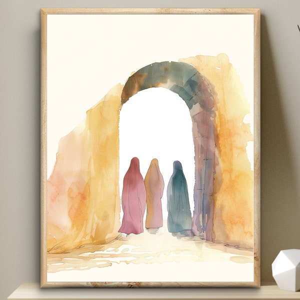 The tomb is empty, Three Marys at Jesus tomb | bible sketch minimal Watercolor Print | Jesus Art | Bible Digital Art Easter decor| LDS art