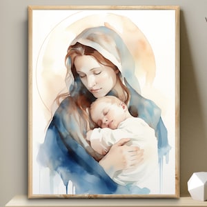 The Virgin Mary and Jesus, Bible digital art, watercolor illustration, Jesus printable wall art, Christian modern decor nativity, faith gift