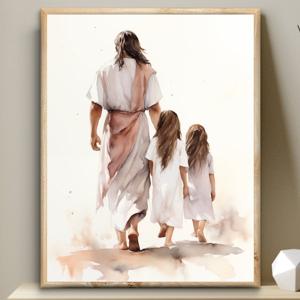 Jesus Christ with twin girls watercolor, Bible Digital Print, two girls, A child of God Wall Art, Christian decor, First Communion gift