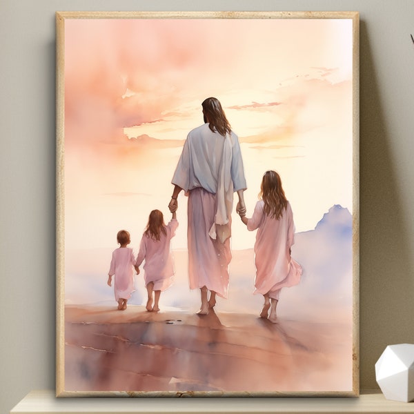 Jesus Christ with three sisters, children, girls, Digital Print, watercolor Wall Art, Modern Christian decor, mother gift, LDS, Jesus art