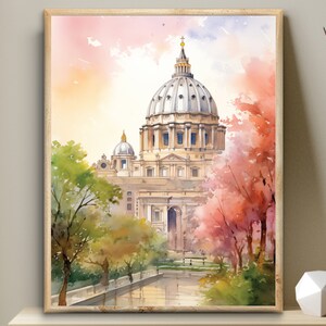 Vatican City St. Peter&#39;s Basilica, Bible Digital Print, Christian temple modern Wall Art, Printable, watercolor modern Christian decor
