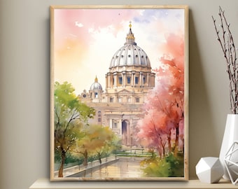 Vatican City St. Peter's Basilica, Bible Digital Print, Christian temple modern Wall Art, Printable, watercolor modern Christian decor