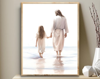 Jesucristo con una niña imprimible, Impresión digital bíblica, Arte de pared Camina conmigo, Decoración cristiana moderna, Regalo de primera comunión, Guardería