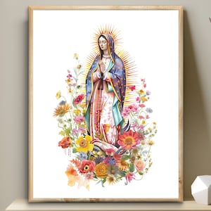 Our Lady of Guadalupe, Blessed Virgin Art, Bible digital art, watercolor illustration Mother Mary printable wall art, Christian modern decor