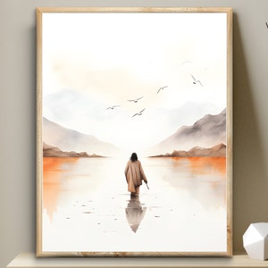May include: A watercolour painting depicting a figure walking away from the viewer towards a body of water. The figure is wearing a long brown robe and is walking on a path that leads to a lake. The lake is surrounded by mountains and the sky is a light blue colour. There are birds flying in the sky.