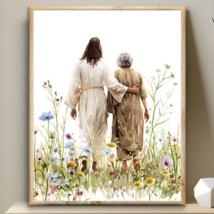 Jesus with a senior woman, transitioning art printable, Bible Digital Print, remembrance Wall Art, loss of wife, mother, grandmother