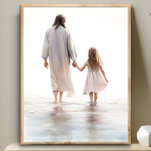 Jesus Christ with a blonde little girl, Bible Digital Print, A child of God Wall Art, Christian decor, First Communion gift for girl LDS art