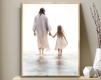 Jesucristo con una niña rubia, Impresión digital de la Biblia, Un niño de Dios Arte de la pared, Decoración cristiana, Regalo de primera comunión para el arte SUD de niña