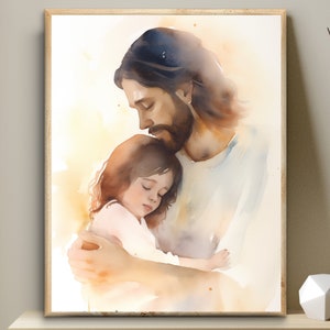 Jesus hugging a little girl with brown hair, toddler safe in his arms, Digital Print Watercolor Wall Art, Christian nursery, LDS primary art