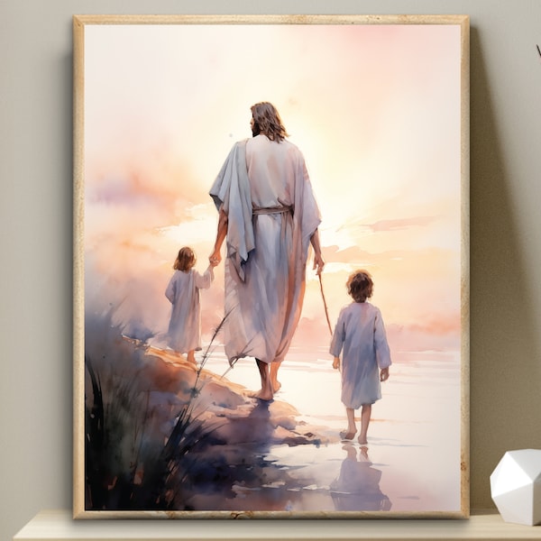 Boy and girl with Jesus, brother and sister, child watercolor, Bible Digital Print, Wall Art, Christian nursery decor, LDS art, Mother gift