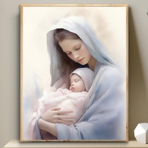 Blessed Virgin Mary with baby,  Nativity of Jesus, little Jesus, Heavenly Mother, Bible digital art, watercolor wall art, Marian art