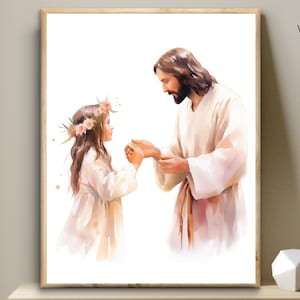 Jesus Christ with a girl child printable, Digital Print, Wall Art, LDS baptism gift, LDS primary, First Communion gift for girl; Jesus art
