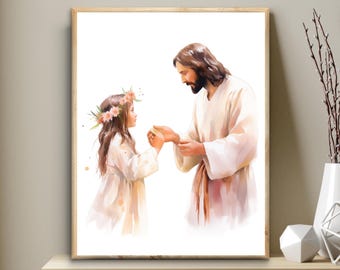 Puede incluir: Una pintura de acuarela de Jesús con cabello largo y castaño y una túnica blanca, extendiendo su mano hacia una niña con una corona de flores. La niña lleva un vestido blanco y tiene el pelo largo y castaño.