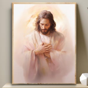Jesus Hands on Heart - Jesus portrait, INSTANT DOWNLOAD Christian & LDS Printable Art, Bible Digital Print, pink watercolor poster of Jesus