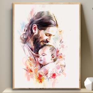 Jesús con bebé, flores silvestres recién nacidas para imprimir, impresión digital de la Biblia, arte de pared de un niño de Dios, aborto espontáneo en una guardería cristiana, arte de Jesús, LDS