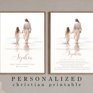 PERSONALIZED Jesus Christ with a girl child printable, First Communion unique gift, Bible Digital Print, Modern Christian decor, faith gift