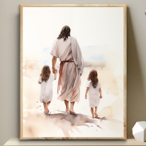 May include: A watercolor painting of a man in a long robe walking with two children. The man is wearing a red sash and the children are wearing white dresses. The painting is set against a background of a beach with a blue sky.