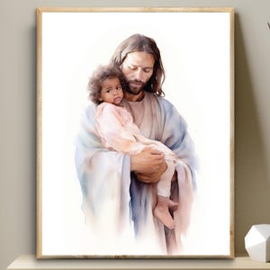 Jesus with black, dark skin little girl, afroamerican child, safe in his arms, Digital Print Watercolor Wall Art, Christian art, LDS art
