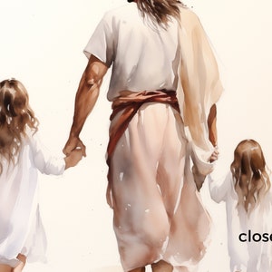 Jesus walking with a little girl and older sister watercolor in beige and pink