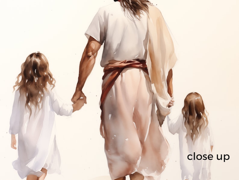 Jesus walking with a little girl and older sister watercolor in beige and pink
