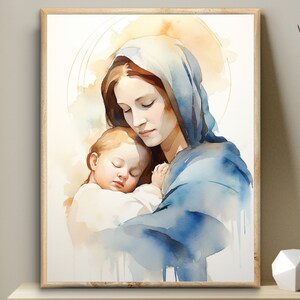 Christian motherhood nativity, Bible digital art, watercolor illustration, Jesus printable wall art, Nursery decor, baptism gift