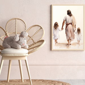 Jesus walking with a little girl and older sister watercolor in beige and pink