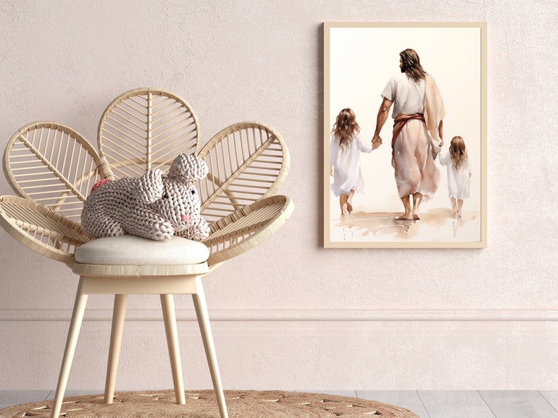 Jesus walking with a little girl and older sister watercolor in beige and pink