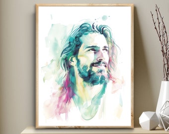 Jesus Christus Porträt, Freude, INSTANT DOWNLOAD, Bibel Digitaldruck, Jesus Wandkunst Schrift zum Ausdrucken, Aquarell Chrsitian lds modernes Dekor