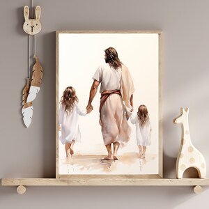 Jesus walking with a little girl and older sister watercolor in beige and pink