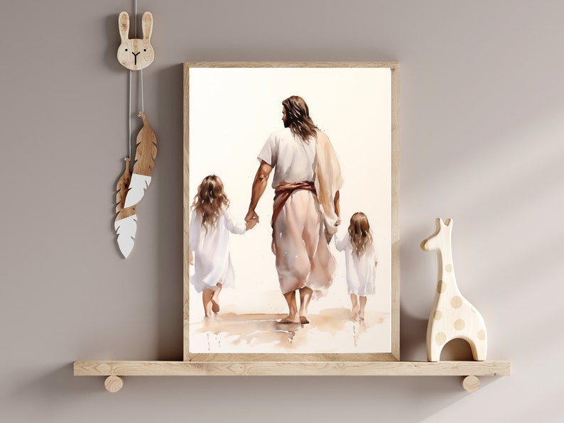 Jesus walking with a little girl and older sister watercolor in beige and pink