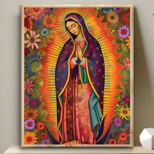 Our Lady of Guadalupe, Blessed Virgin Art Bible digital art, wildflowers folk art Mother Mary printable wall art, Christian modern decor
