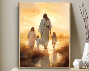 Jesus Christ with two girls and one little boy, brother and sisters, Digital Print, Jesus Wall Art, Modern Christian decor, mother gift, LDS