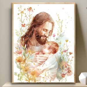 Jesús con bebé, flores silvestres recién nacidas para imprimir, impresión digital de la Biblia, arte de pared de un niño de Dios, aborto espontáneo en una guardería cristiana, arte de Jesús, LDS