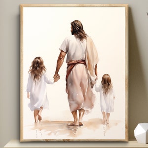 Jesus walking with a little girl and older sister watercolor in beige and pink