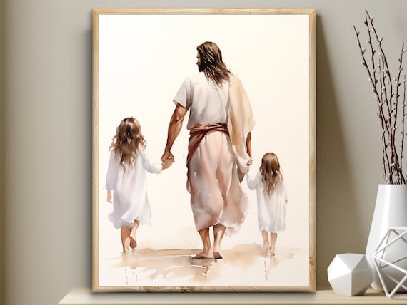 Jesus Christ with little and older sister, two girls child watercolor, Bible Digital Print, A child of God Wall Art, Christian nursery decor
