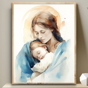 Nativity The Virgin Mary and Jesus, Bible digital art, watercolor illustration Jesus printable wall art Christian nursery decor baptism gift