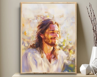 Jesus Christ smiling, joy, INSTANT DOWNLOAD, Bible Digital Print, Jesus Wall Art Scripture Printable, watercolor Chrsitian, lds modern decor
