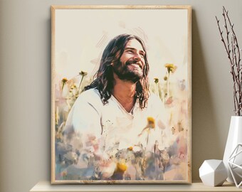 Paix joyeuse, sourire de Jésus, TÉLÉCHARGEMENT IMMÉDIAT, impression numérique de la Bible, écriture d'art mural Jésus imprimable, aquarelle chrétienne, décoration moderne lds