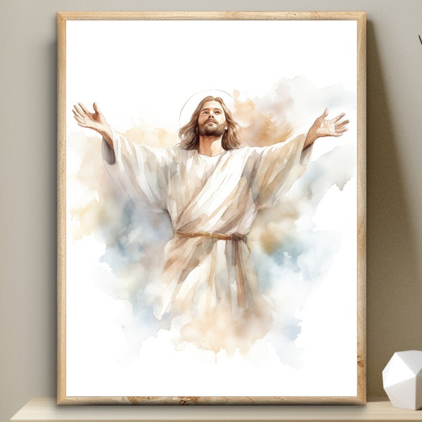 Ascension of Jesus Watercolor Print | Jesus Art | Bible Digital Printable | Easter Home Decor | Faith Gift | Scripture Art | He has risen