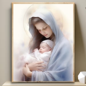 Blessed Virgin Mary with baby, little Jesus, Heavenly Mother, Bible digital art, watercolor wall art, Marian art, Nativity of Jesus