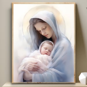 Blessed Virgin Mary with baby,  Nativity of Jesus, little Jesus, Heavenly Mother, Bible digital art, watercolor wall art, Marian art