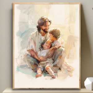 Può includere: Un dipinto di un uomo con la barba e i capelli lunghi che tiene in braccio due bambini. L'uomo indossa una tunica bianca e i bambini indossano camicie bianche. Il dipinto è realizzato in stile acquerello e ha una tavolozza di colori morbidi e caldi.