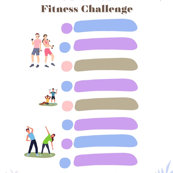 30 Day fitness Challenge PLUS 4 day Gratitude Challenge. Brown Peach Purple theme. Colorful. M47