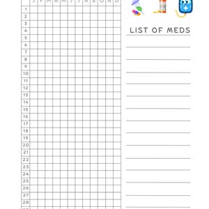 Puede incluir: Un gr&aacute;fico de gesti&oacute;n de medicamentos imprimible con una cuadr&iacute;cula de calendario para realizar un seguimiento de la ingesta diaria de medicamentos. El gr&aacute;fico incluye una secci&oacute;n de lista de medicamentos, una secci&oacute;n de alerta de alergia m&eacute;dica y iconos que representan diferentes tipos de medicamentos.