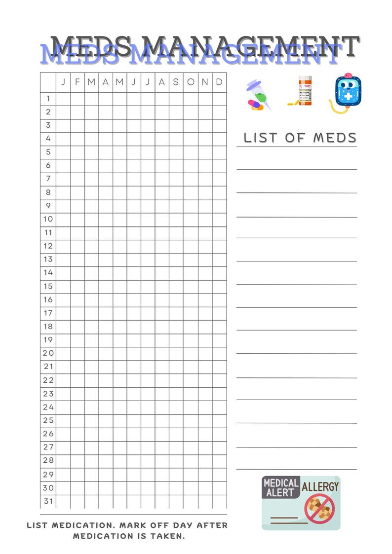 Puede incluir: Un gr&aacute;fico de gesti&oacute;n de medicamentos imprimible con una cuadr&iacute;cula de calendario para realizar un seguimiento de la ingesta diaria de medicamentos. El gr&aacute;fico incluye una secci&oacute;n de lista de medicamentos, una secci&oacute;n de alerta de alergia m&eacute;dica y iconos que representan diferentes tipos de medicamentos.