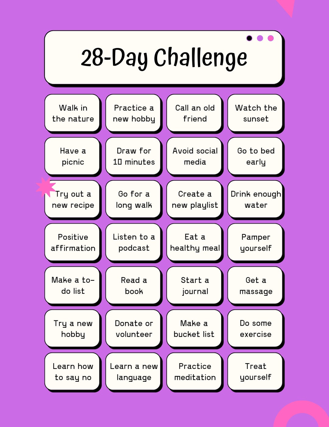 28 Day Challenge PLUS Random Acts of Kindness and Journaling. Colorful ...