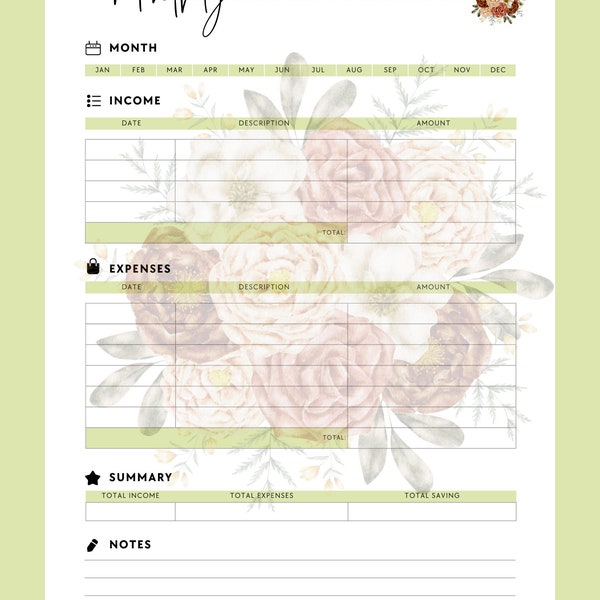 Flower bouquet monthly budget M23. Weekly or Monthly Meal plan with a pink theme.  Monthly budget planner for creating personal budget.