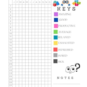 Puede incluir: Un rastreador de estado de &aacute;nimo imprimible con una cuadr&iacute;cula para cada d&iacute;a del mes. La cuadr&iacute;cula est&aacute; codificada por colores con diferentes colores que representan diferentes estados de &aacute;nimo, como incre&iacute;ble, bueno, productivo, promedio, relajado, agotado, deprimido, aburrido y enfermo. El rastreador tambi&eacute;n incluye una secci&oacute;n para notas.