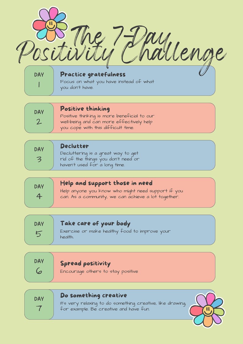 Puede incluir: Un p&oacute;ster verde y amarillo con un desaf&iacute;o de positividad de 7 d&iacute;as. Cada d&iacute;a tiene un desaf&iacute;o diferente, como practicar la gratitud, pensar positivamente, ordenar, ayudar a los dem&aacute;s, cuidar tu cuerpo, difundir la positividad y hacer algo creativo.