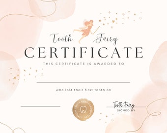 Tooth Fairy certificate. FOUR themes. Printable template to log teeth included with official tooth fairy certificate! Fairy pic in center.